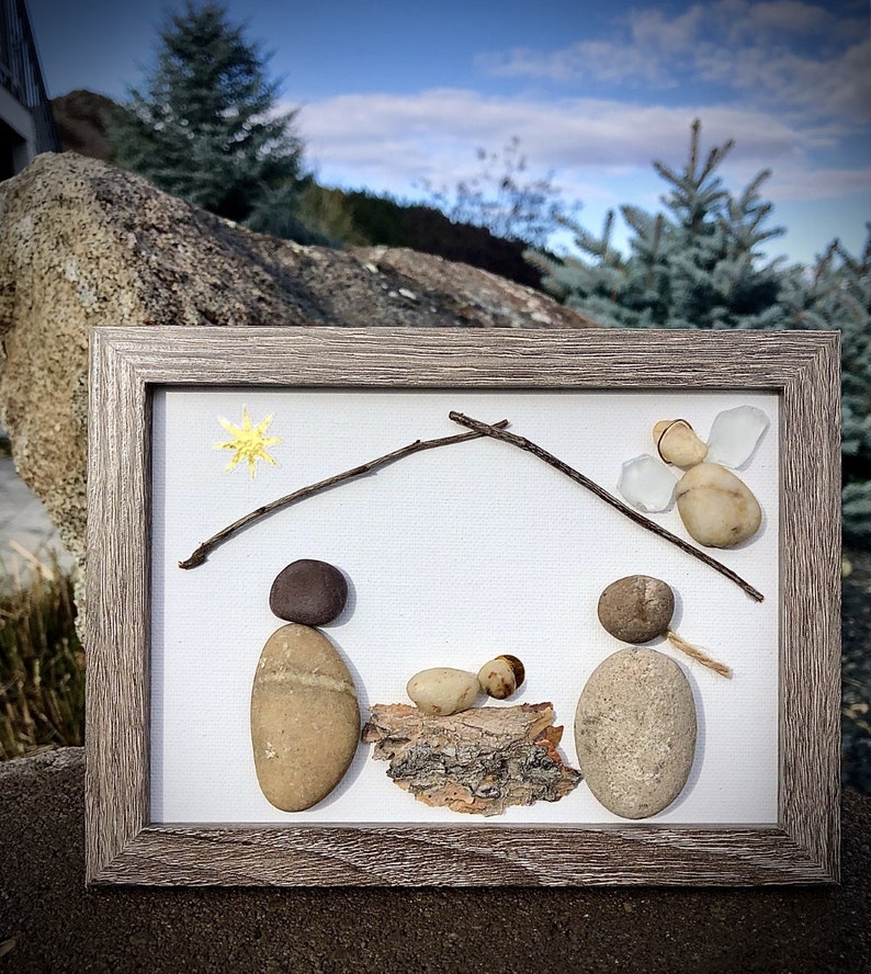 Rock Art nativity picture Framed rock art nativity Christmas Etsy