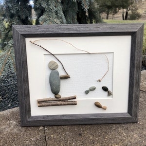 Fishing Rock art framed picture, pebble art fly fishing, customized fishing art,husband gift, fly fishing gift, special fishing gift