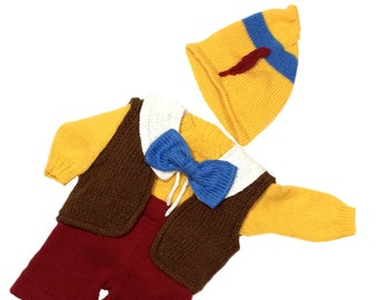 Bébé Pinocchio pull gilet pantalon chapeau ensemble Pinocchio costume bébé garçon tenue de Noël tenue d'Halloween vêtements de bébé tricotés