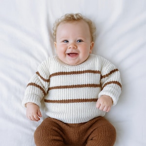 Handknit Vegan Baby Sweater: White & Brown Stripes, Newborn Gift