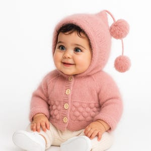 Handknit Angora Baby Sweater: Hooded Cardigan with Wooden Buttons Toddler Newborn Gift