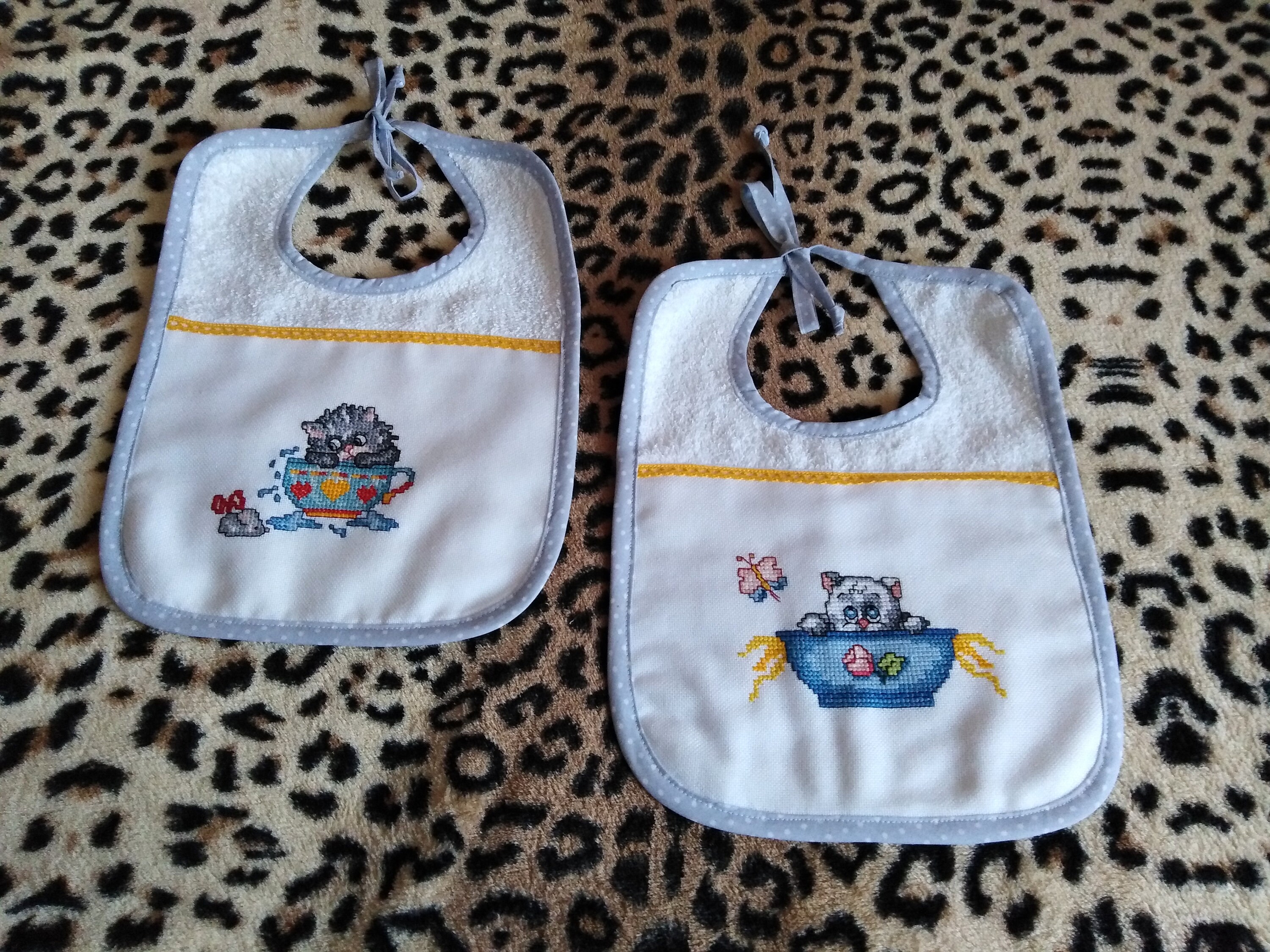 Baby Bib/bibs for Twins/embroidered Cross Stitch Bib With Kitty/gift
