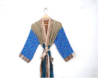 Vintage Recycled Sari Kimono Nightwear Maxi Dressing Gown Handmade Long Silk Robe Vintage Silk Luxury Kimono Bathing Gown maxi Gown RS-3524