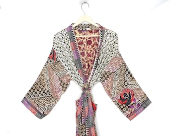 Long Silk Kimono Robe for women, Sleepwear Jacket, Summer Wear Kimono Patchwork Silk Kimono, Nightwear, Hippie Bohemian, RS-3830