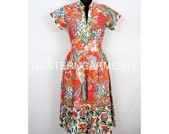 Robe cheongsam imprimée bloc en bois, robe en coton imprimé bloc main, robe d'été, robe longue de vêtements pour femme, robe midi pour femme