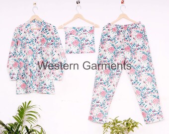 Floral Matching Cotton Pajamas Shirt short pant set for holidays or getting ready photoshoot. Getting ready light soft summer pyjamas