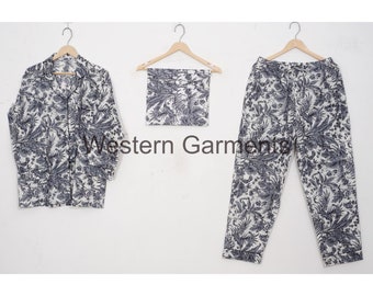 Handbedrucktes Pyjama-Set, weiche Baumwollkleidung für Damen, indischer Pyjama, kurzes Pj-Set aus Baumwolle, langes Set für Brautjungfern, indisches Baumwoll-Pyjama-Set