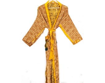 Robe kimono douce indienne vintage faite main grande taille robe de chambre indienne sari recyclée robe kimono femme RS-3075