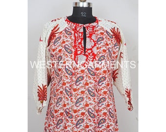 Red Palm Tree Printed Cotton Dress, Block Printed Handmade Tunic, V Neck Bohemian Summer Dress, Holiday Dress, Women Maxi Dress