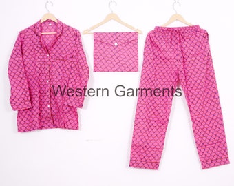 Soft Cotton Handmade Pyjama Night Suit, Flower Hand Block Print Suit, Ethnic Women Night Wear Dress, Women Comfortable Cotton night Dress