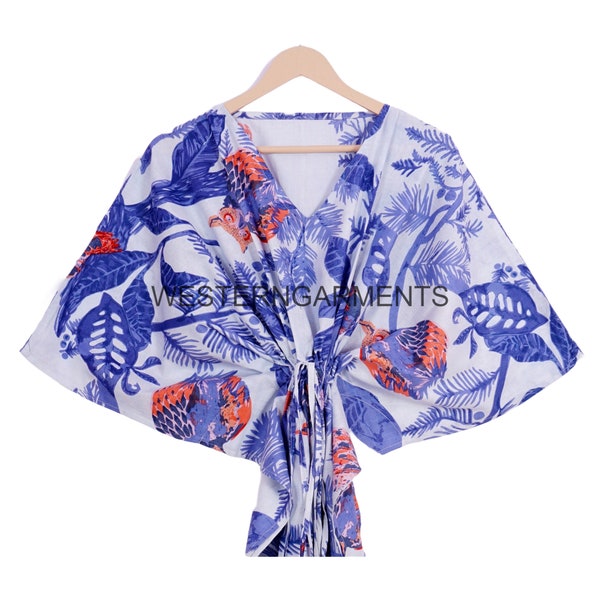 Caftan bleu hibou à imprimé oiseaux et blocs | Caftan fait main en coton doux | Robe de plage couvrante Peignoir Caftan | Vêtements occidentaux