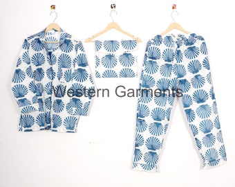 Blue cell Hand Block Printed Pajama Set,Ladies Soft Cotton Clothing,Indian Pajama,Cotton Short Pj Set,Bridesmaids Long Set,