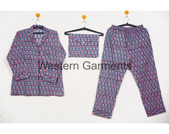 WOMEN floral print pj set | hand block print set | Cotton Pants Shirt Sets | Summer Dress |indna women long pajam set |morning wolk pj set