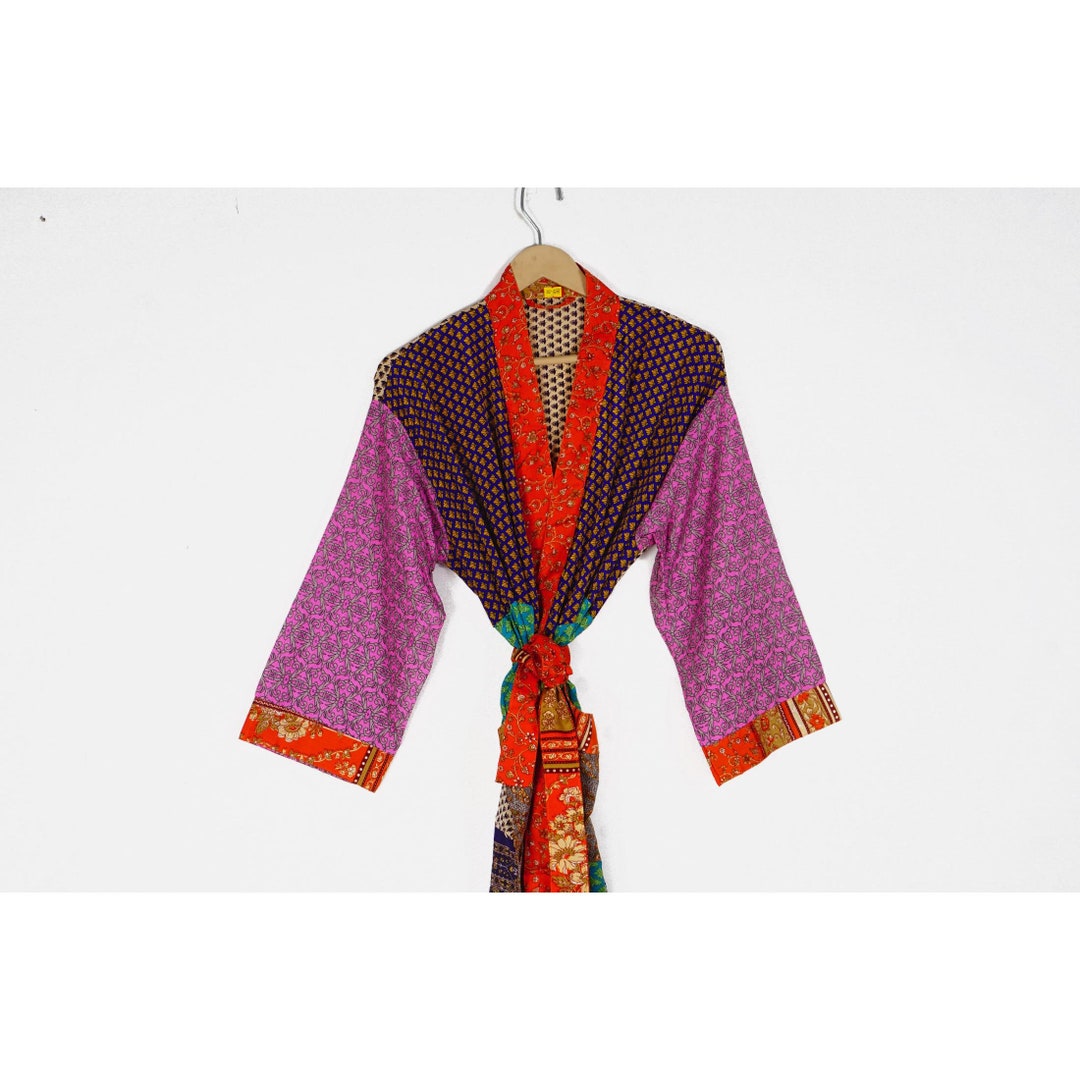 Vintage Recycle Silk Saree Floral Robe Indian Handmade Gift for Women's ...