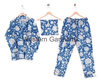 Floral Passende Baumwolle Pyjamas Shirt kurze Hose-Set für den Urlaub oder immer bereit Fotoshooting. Pyjama für den täglichen Gebrauch. Indigo Druck.