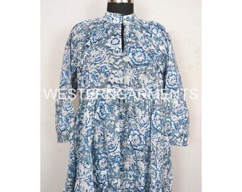 Iris Blue Handmade Cotton Dress, Hand Block Print Dress, Soft Cotton Dress, Full Sleeve Cotton Dress, Summer Dress, Holiday Dress, Loose Fit