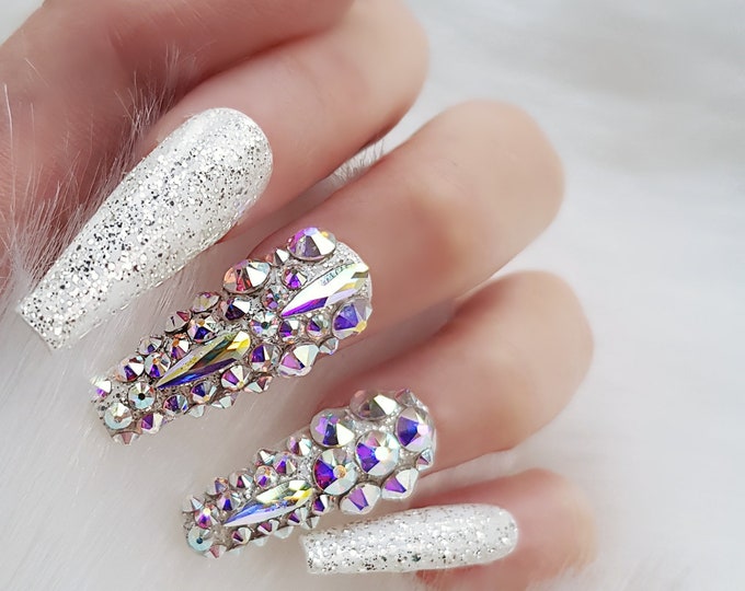 Press on Nails white Gloss With Silver Glitter - Etsy