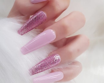 Press On Nails || "Pink With Glitter Accent, Long Coffin" || Set Of 24 || Custom & Handmade Luxury False Nails || Made In UK