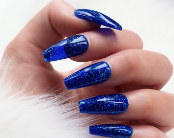 Press On Nails || "Medium coffin blue glitter" || Set Of 24 || Custom & Handmade Luxury False Nails || Made In UK