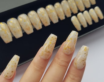 Press On Nails || "  Milky gloss nails with gold flakes " || Set Of 24 || Custom & Handmade Luxury False Nails || Made In UK