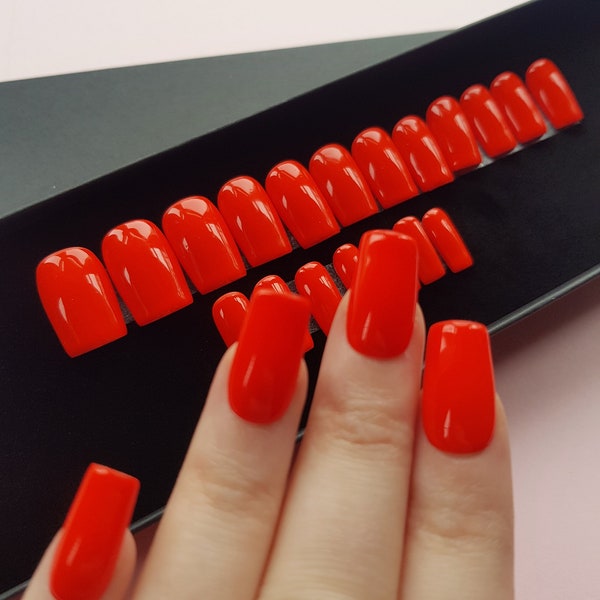 Press On Nails || " Bright Red Gloss  " || Set Of 24 || Custom & Handmade Luxury False Nails || Made In UK