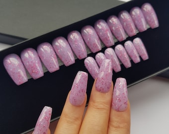 Press On Nails || "  Milky Lavender  gloss nails  purple / pink  glitter" || Set Of 24 || Custom & Handmade Luxury False Nails || Made In UK