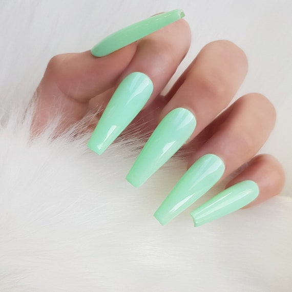 Press On Nails Mint Green Gloss Long Coffin Etsy