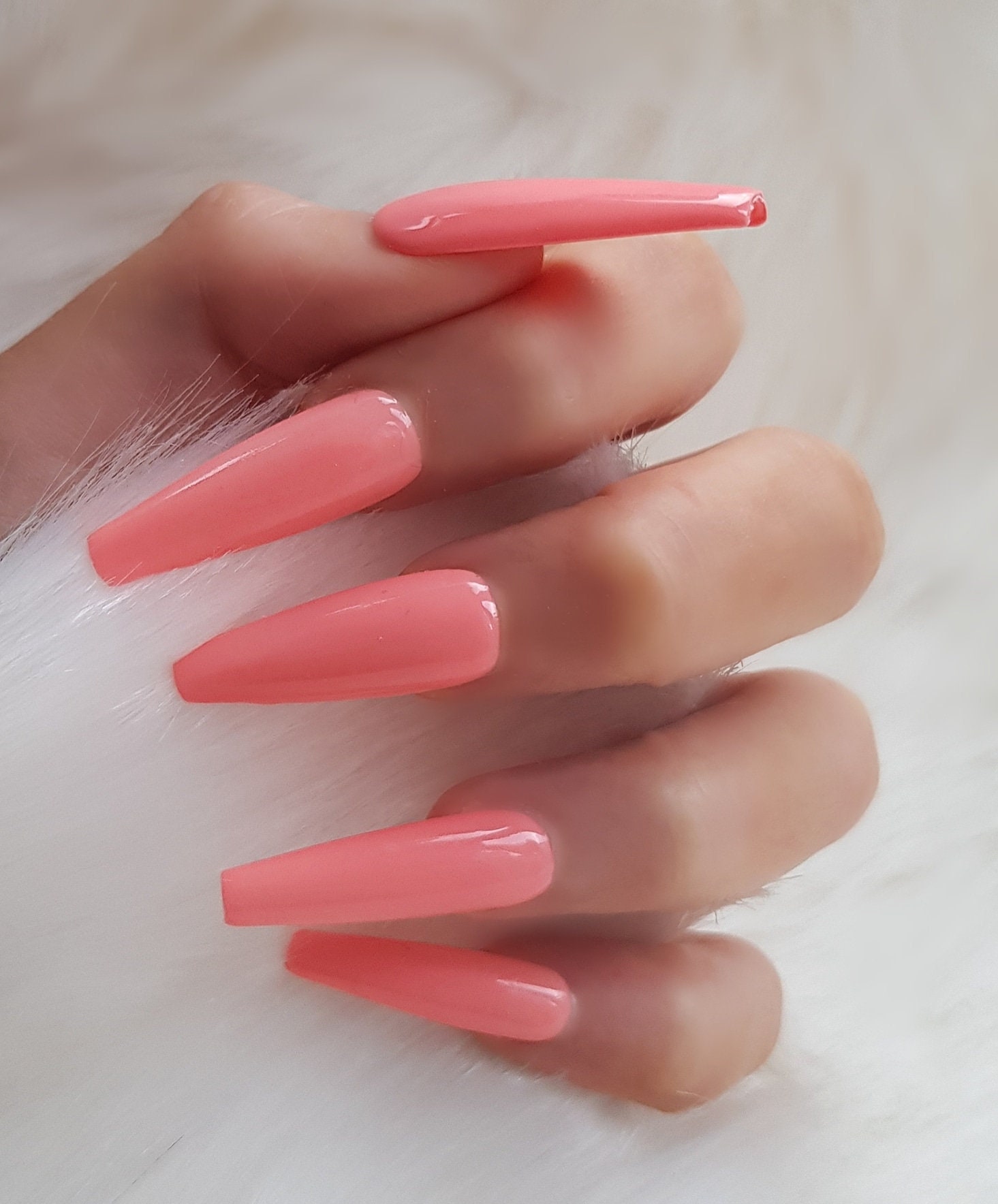 Press On Nails Bright Coral Gloss Long Coffin Etsy