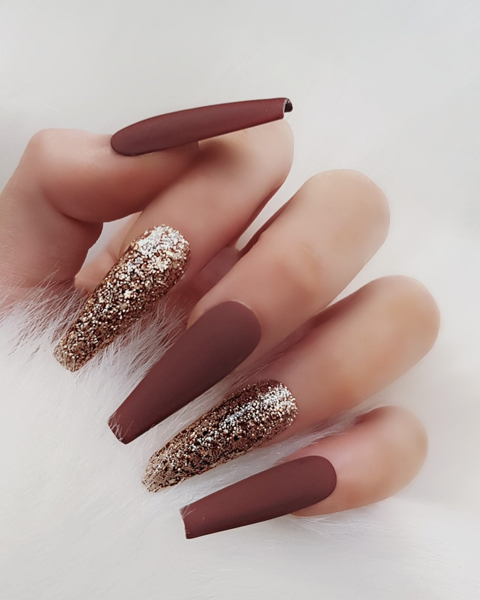 Press on Nails chocolate Brown Matte With Gold Etsy