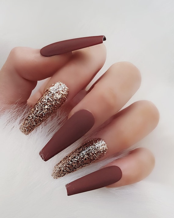 Chocolate Brown Glitter Nails - Press Ons