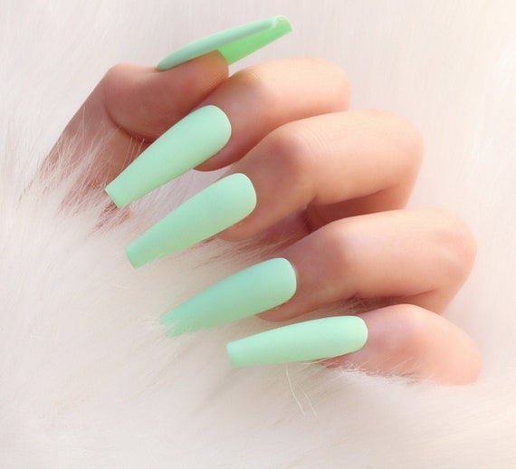 Press On Nails Mint Green Matte Long Coffin Etsy