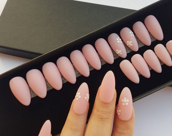 Press On Nails || "  Pink Matte glitter Flower pearl nails" || Set Of 24 || Custom & Handmade Luxury False Nails || Made In UK