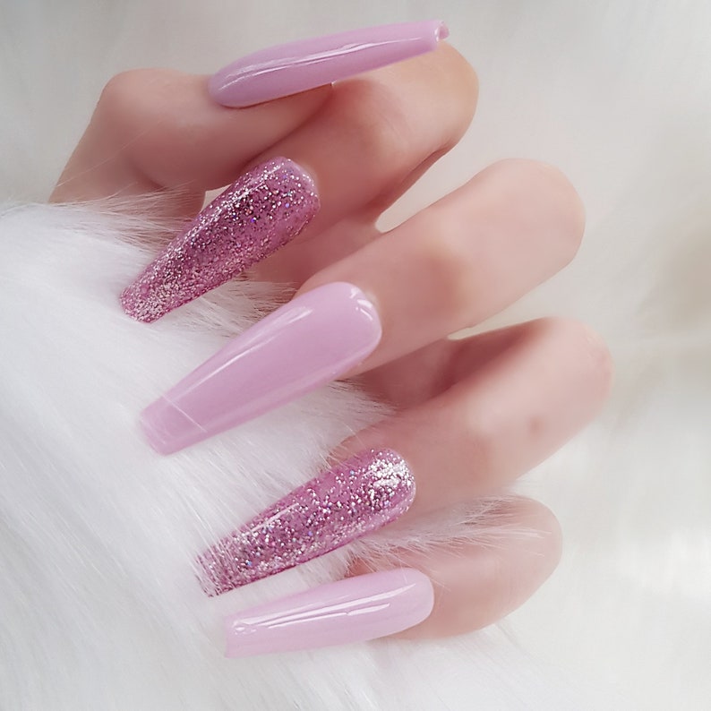 Press On Nails Pink With Glitter Accent, Long Coffin Set Of 24 Custom & Handmade Luxury False Nails Made In UK image 1