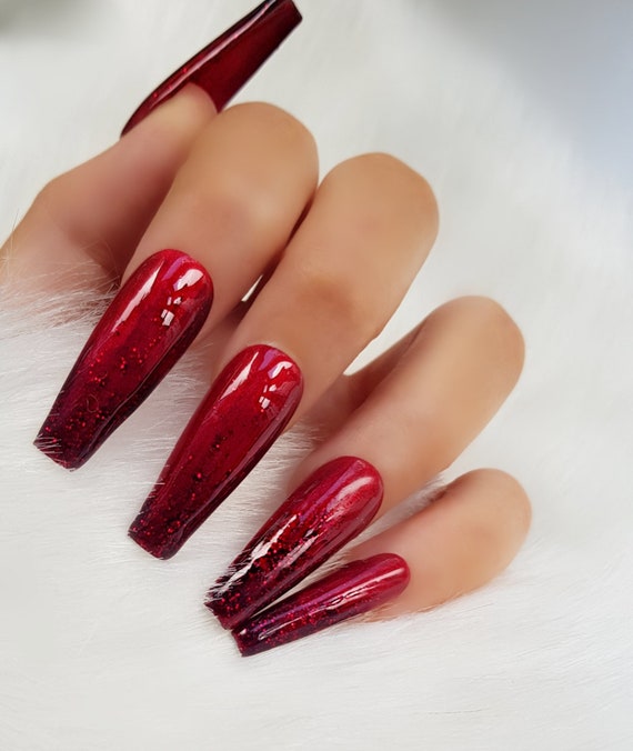 Press on Nails red Ombre Glitter Long Coffin - Etsy Hong Kong