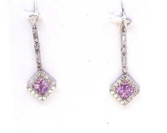 14 K Pink Sapphire Dangling Diamond Earrings with Baguettes and Pushback Post