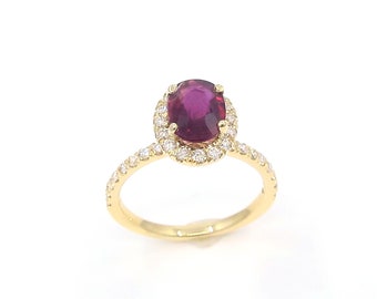 14 K Oval Ruby Shape Diamond Fancy Designer Yellow Gold Ring Featuring One Row Halo