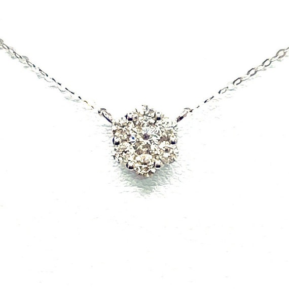 18 K W Gold Floral Cluster Diamond Necklace, Gold, 1.25 grams, TW of diamonds, 0.50 CT