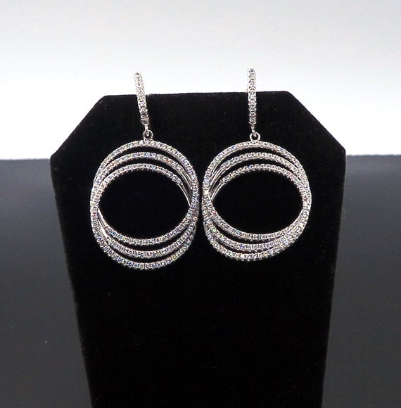 14 K White Gold Dangling Designer Circles Earrings on U Shaped Hoops