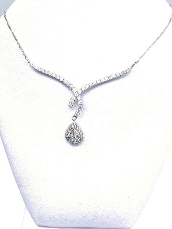 18K W Gold Diamond Necklace w/ Dangling Pear Shape Pendant, Gold, 2.77 grams, TW of diamonds, 0.64 CT