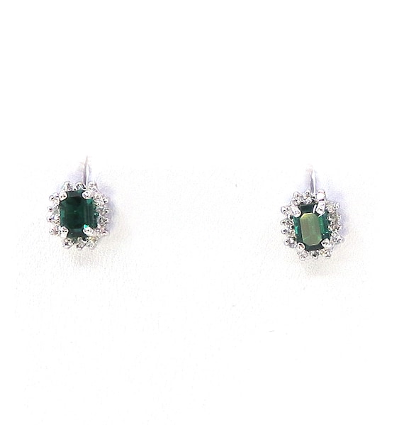 14 K White Gold Emerald Chatham Emerald Cut Diamond Earrings / Studs with Pushback Post and Prong Set  with Oval Shape Halo