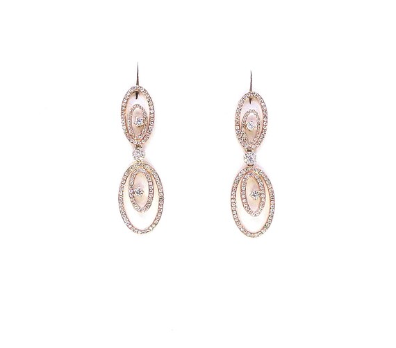 Designer 18 K Rose Gold Dangling Oval Shaped Diamond Drop Earrings featuring Double Row Halo and Pushback Post