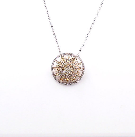 14 K Two Tone White & Yellow Gold Necklace Floral Design in a Round Frame Center Cluster of Diamonds, TW of diamonds, 1.26 CT