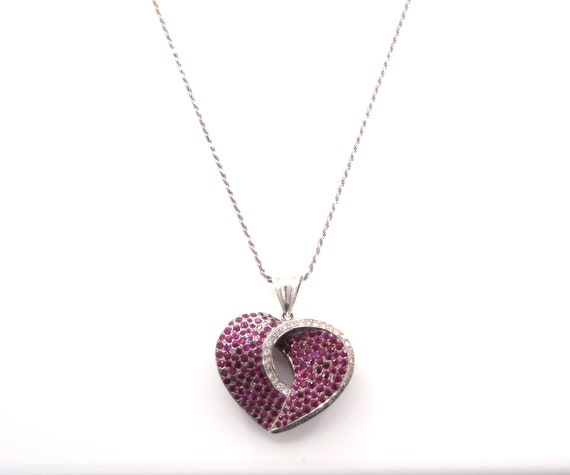14 K White Gold Slider Diamond Ruby Heart Shaped Designer Pendant with back Galleria, Gold, 21 grams, TW of diamonds, 0.87 CT