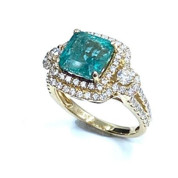 Double Row Halo Cushion Cut Designer Diamond Emerald Ring 0.992. Ct TW  14k yellow gold, 3.93 gr