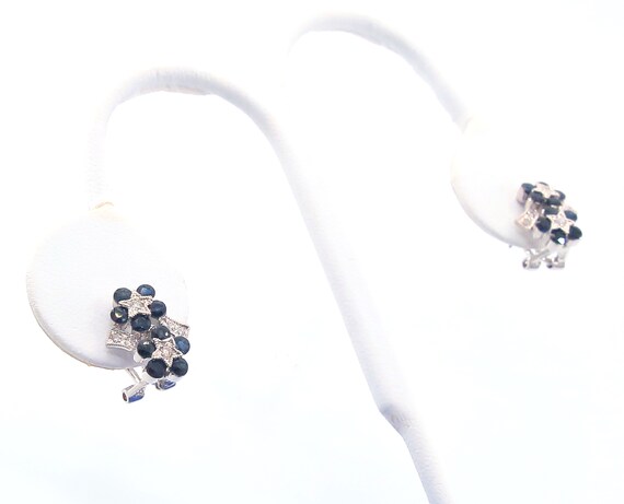 14 K White Gold Diamond Sapphire Fancy Floral Design Earrings with French Clips