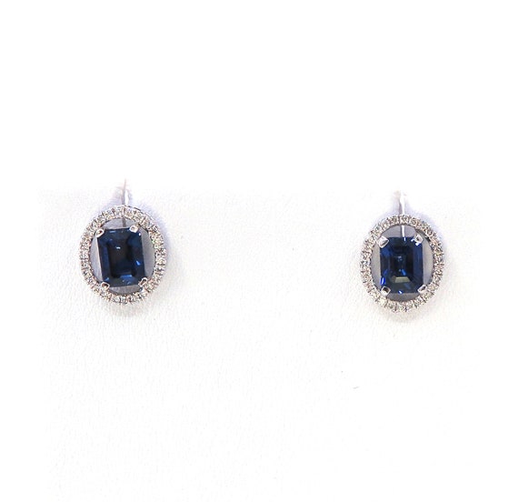 14 K White Gold Emerald Cut Sapphire with Oval Shaped Halo Earring Studs