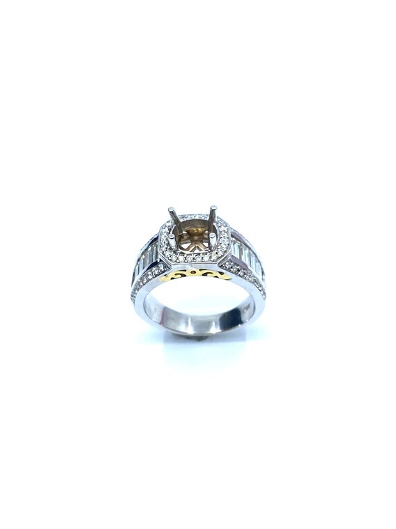 18 K Designer W Gold Diamond Baguette Engagement Ring w/ Side Yellow Gold Galleria, Comfort Fit, Gold, 10.2 grams, TW of diamonds, 1.42 CT