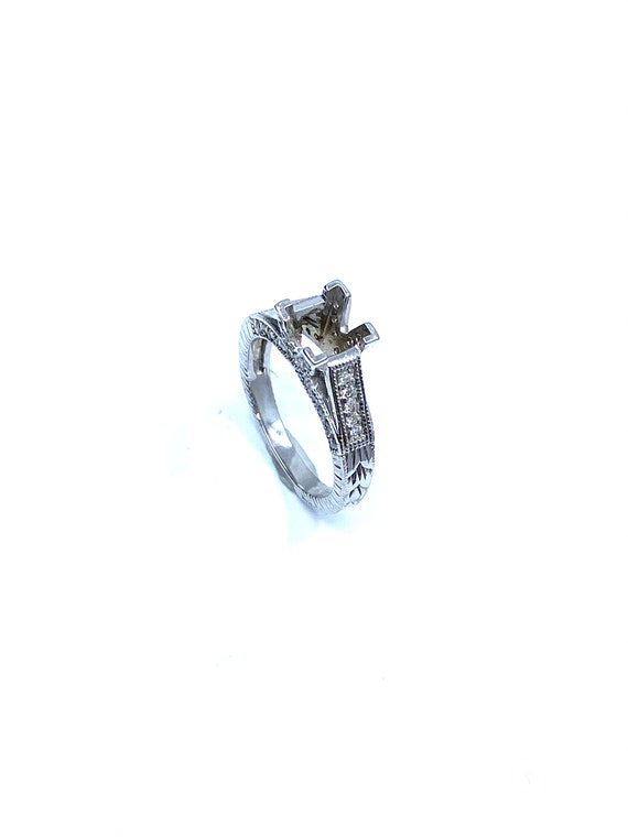 14 K W Gold Diamond Engagement Ring (Semi-mount) Antique Style Design, Gold, 4.8 grams, TW of Diamonds, 0.82 CT