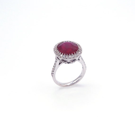 14 K White Gold Classic Diamond Ruby Ring in One Row Halo Oval Shape