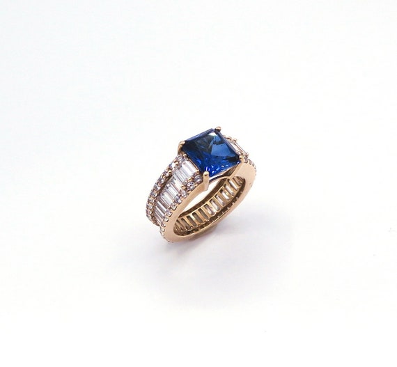 14 K Y Gold Diamond Baguette Ring w/ Synthetic Blue Emerald Cut, Gold, 5.6 grams